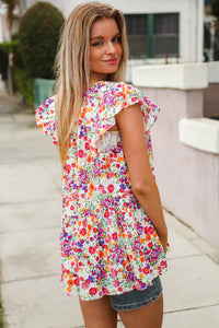 FUCHSIA & PURPLE FLORAL FLUTTER RUFFLE TOP