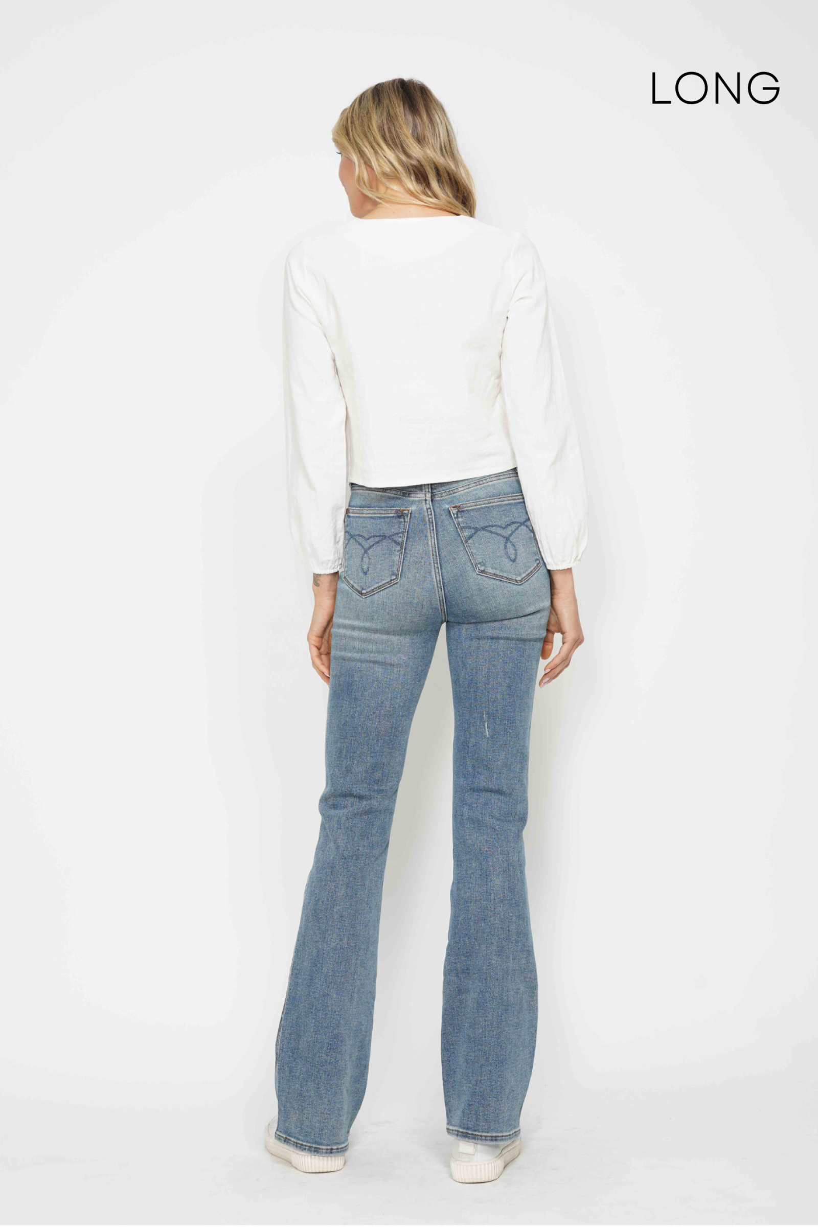 *SHORT INSEAM* HIGH WAIST TUMMY CONTROL MEDIUM WASH BACK POCKET EMBROIDERY BOOTCUT JUDY BLUE DENIM