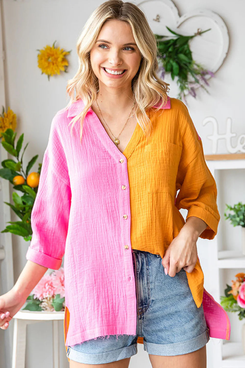 FUCHSIA ORANGE COLORBLOCK COLLARED BUTTON DOWN COTTON-GAUZE-LIKE MATERIAL FRONT POCKET TOP
