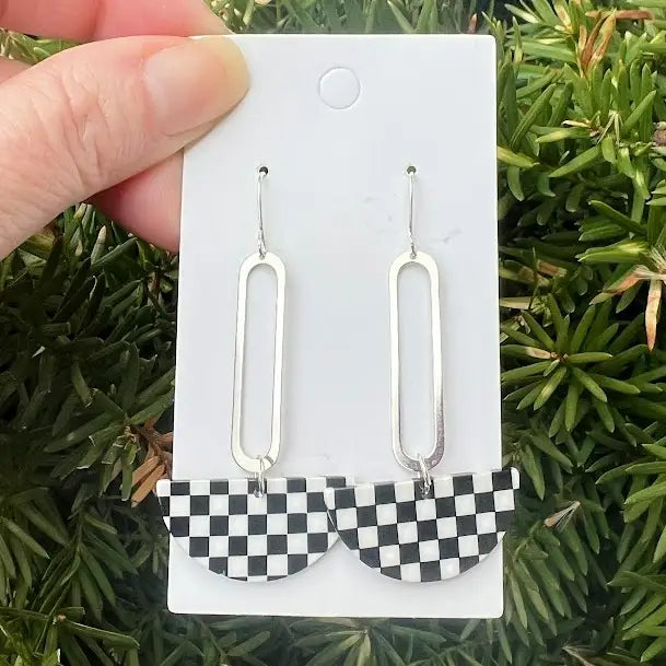 BLACK & WHITE CHECKERED PRINT SILVER SWING ACRYLIC HALF CIRCLE STATEMENT HANDMADE BBB EARRINGS