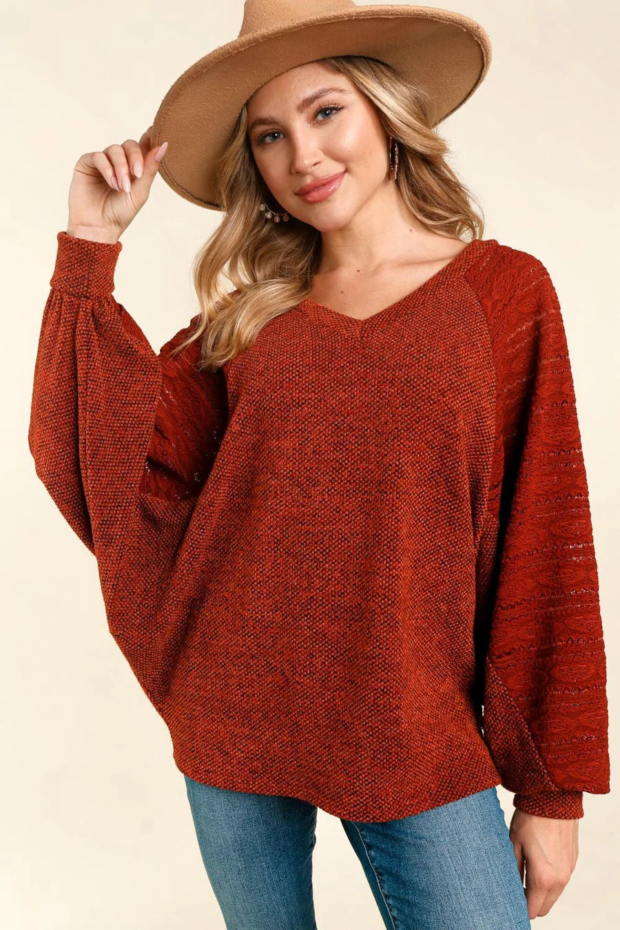 RUST BANDED DOLMAN BUBBLE LONG SLEEVE KNIT TOP