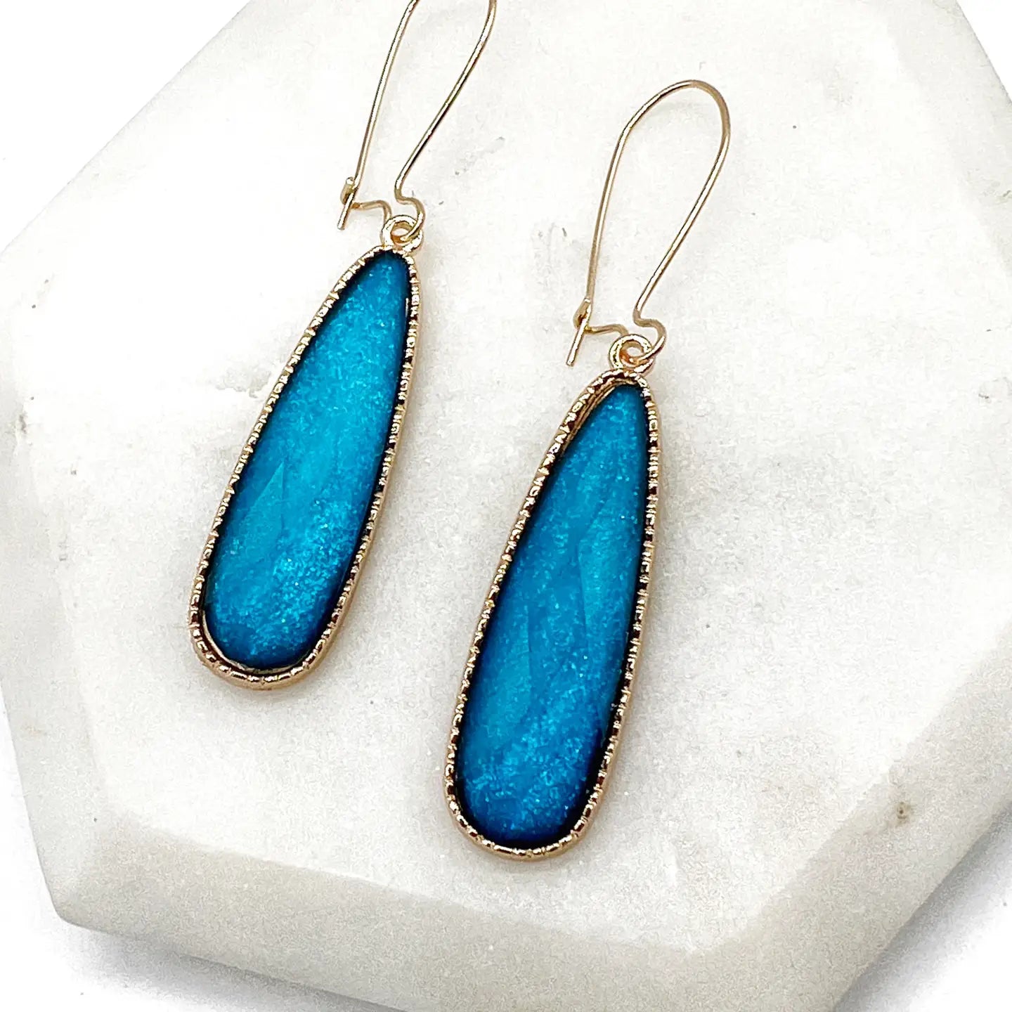 TURQUOISE GOLD LONG GEMSTONE TEARDROP ACRYLIC STATEMENT HANDMADE BBB EARRINGS