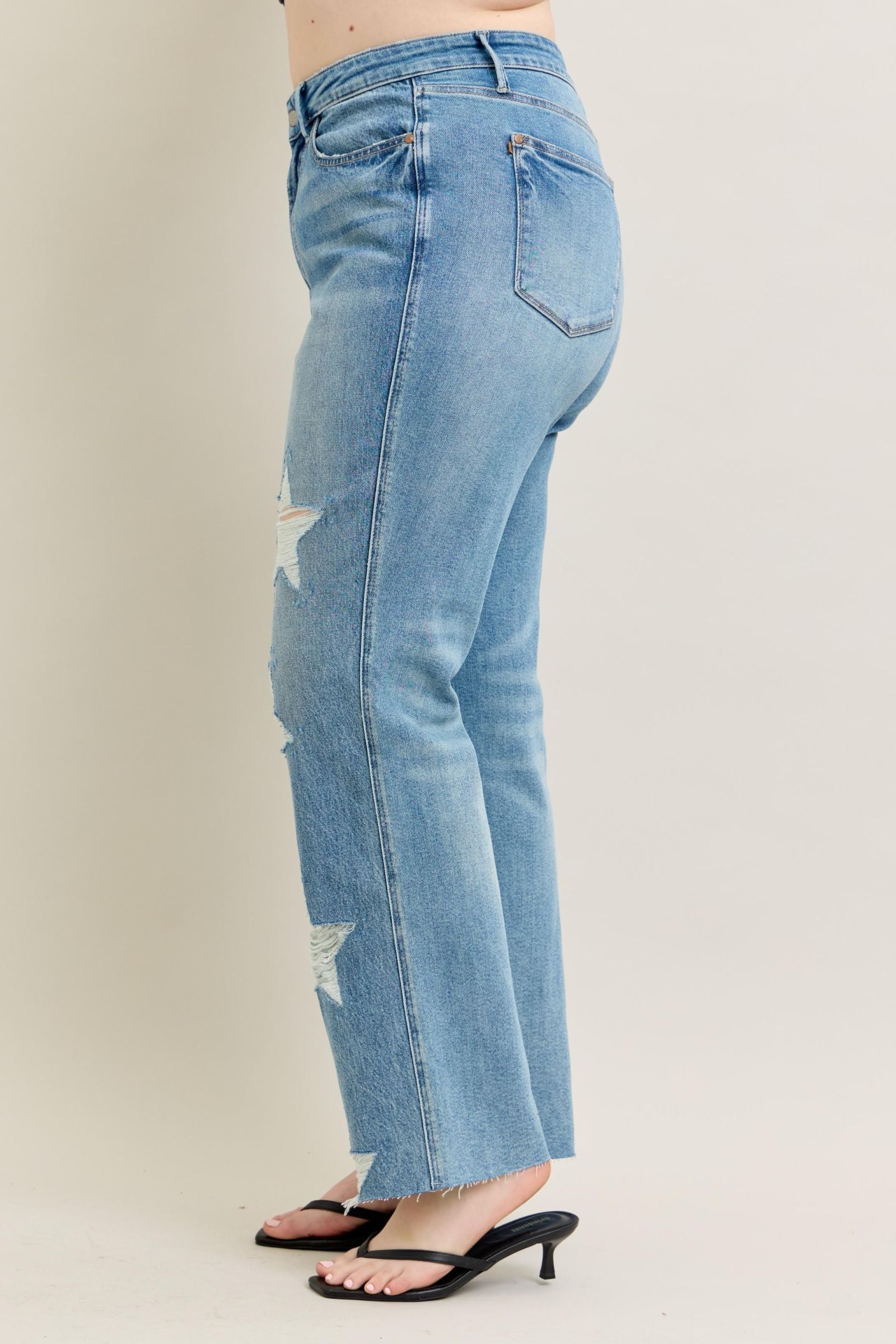 MEDIUM WASH HIGH WAIST RIGID MAGIC STAR SHAPED DESTROYED 90S STRAIGHT JUDY BLUE DENIM-PLUS