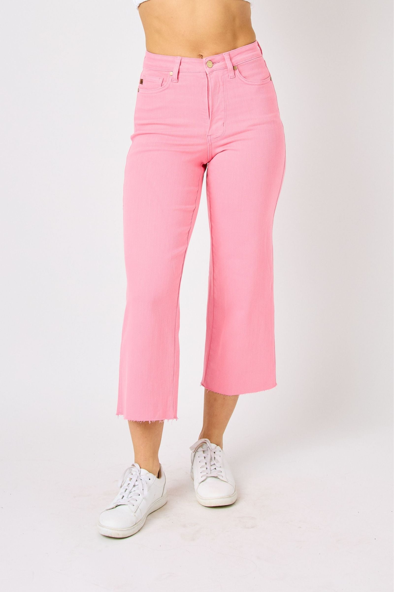 PINK HIGH WAIST GARMENT DYED TUMMY CONTROL CROPPED WIDE LEG JUDY BLUE DENIM- PLUS