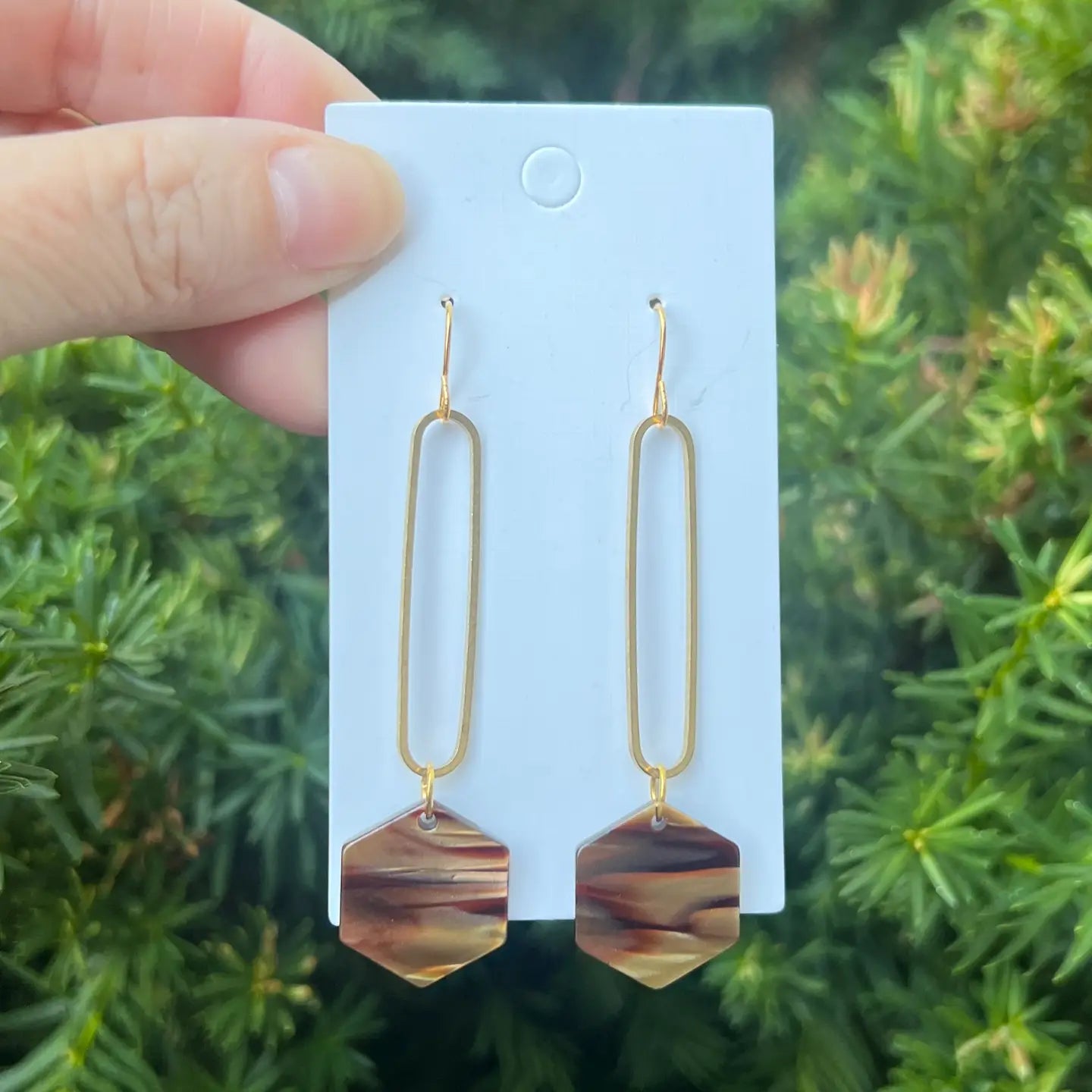 BROWN HEXAGON MINIMALIST ACRYLIC STATEMENT HANDMADE BBB EARRINGS