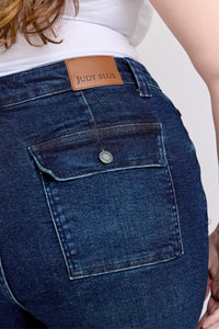 MEDIUM BLUE HIGH WAIST BACK FLAP POCKETED SHORTS JUDY BLUE DENIM-PLUS