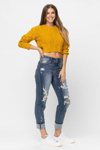 MID RISE CUFFED DESTROYED BOYFRIEND MEDIUM WASH JUDY BLUE DENIM