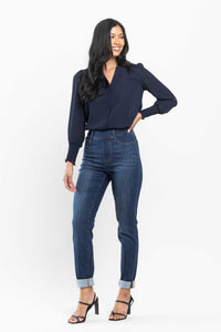 Darkwash High Waist Judy Blue Double Cuff Slim Fit Pull On Denim- SIZE 1 left.