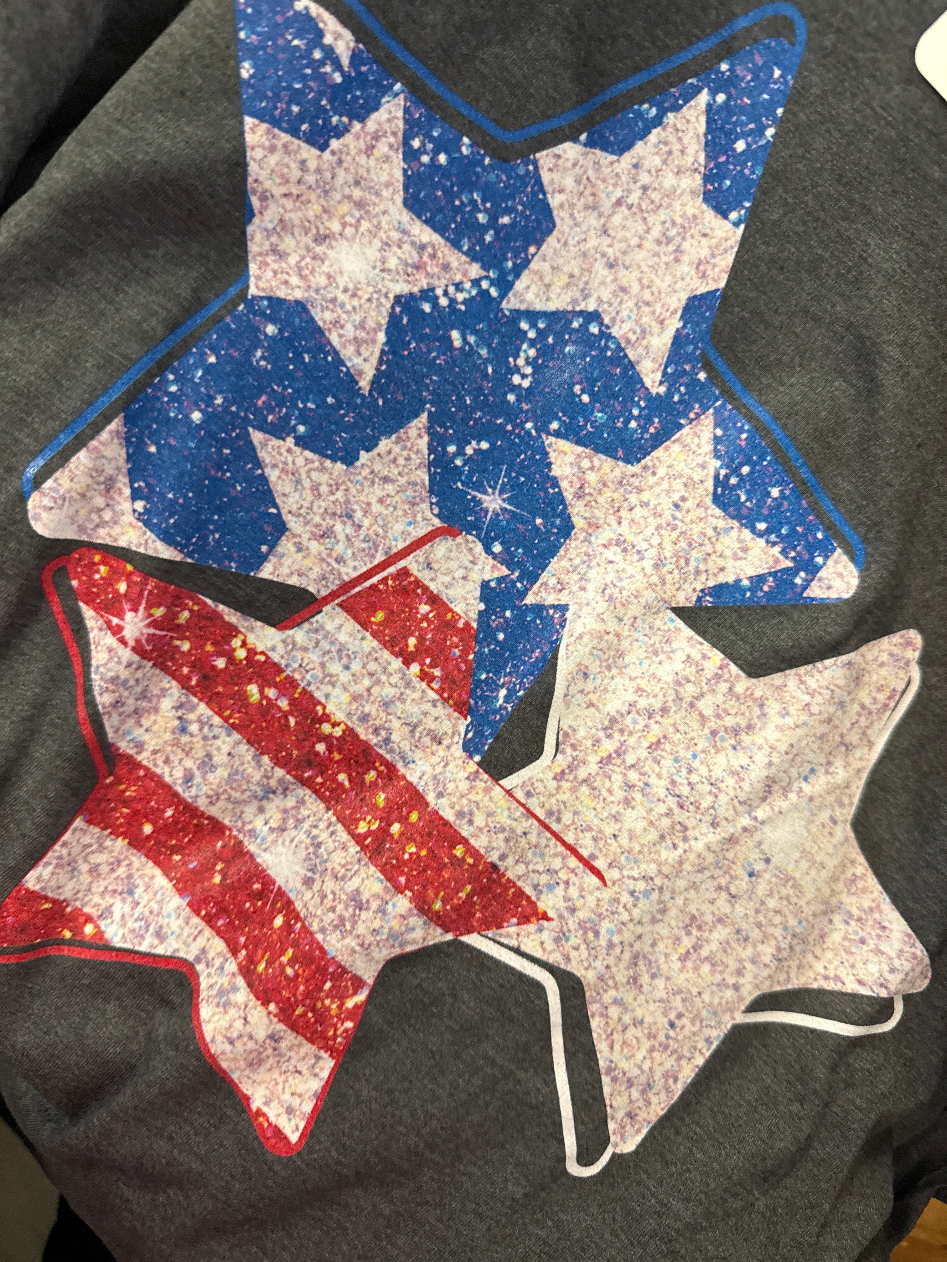 GLITTERY LOOKING STARS FOURTH OF JULY RWB CHARCOAL TEE- SALE- SMALL AVAILABLE