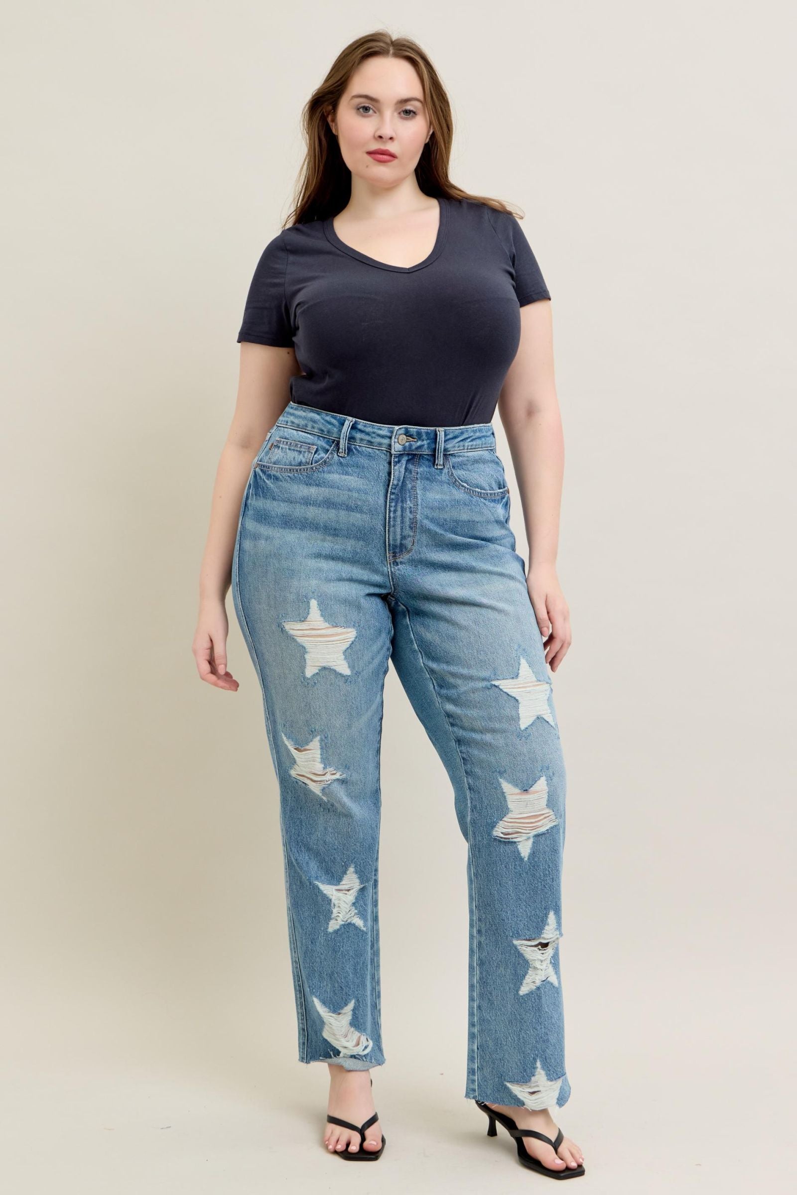 MEDIUM WASH HIGH WAIST RIGID MAGIC STAR SHAPED DESTROYED 90S STRAIGHT JUDY BLUE DENIM-PLUS