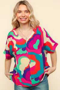 PINK BLUE GEOMETRIC WOVEN DROP SHOULDER TOP