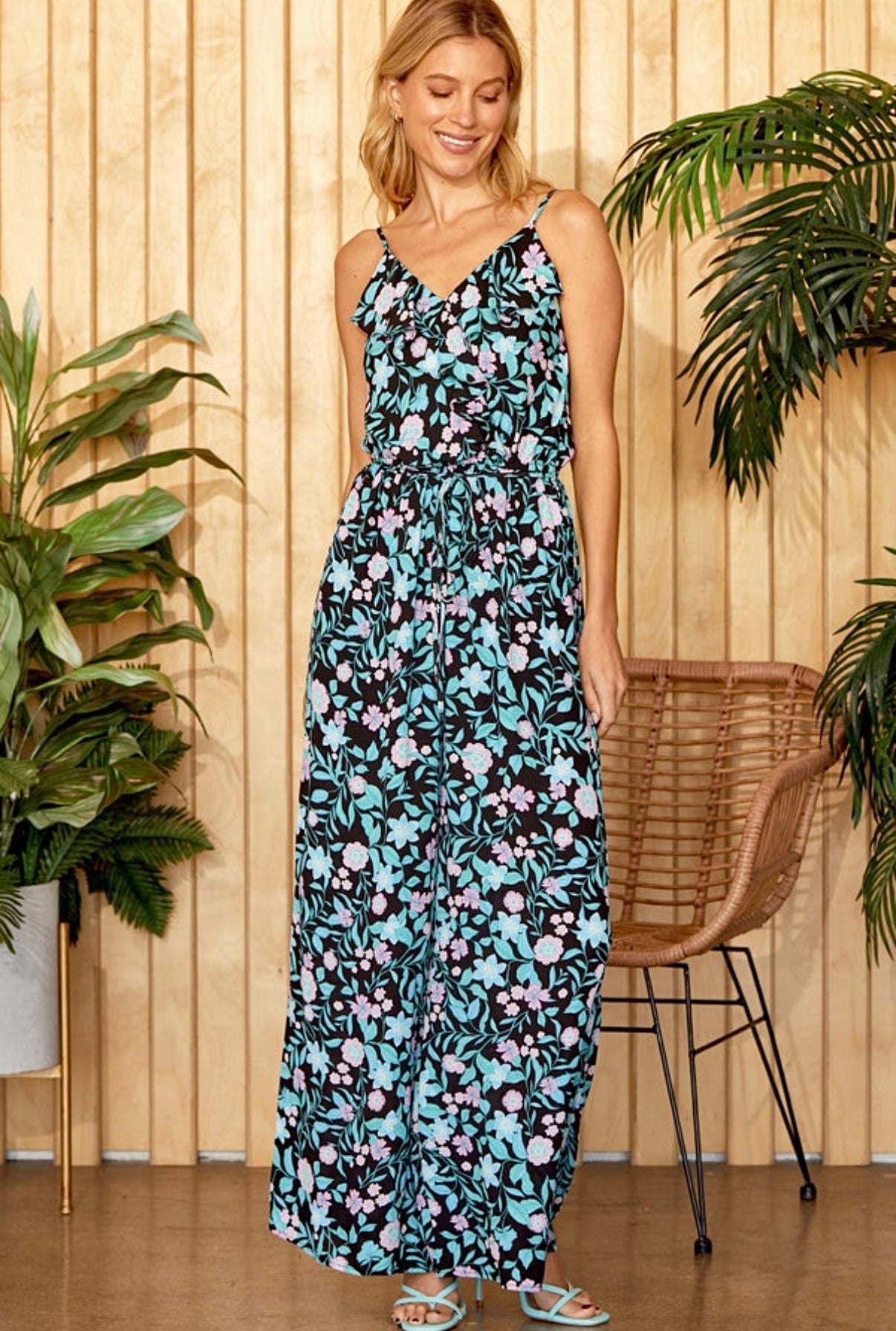 BLACK BLUE STRAPPY WRAP TIE WAIST FLOWY GORGEOUS MAXI DRESS- PLUS- SALE- 3X LEFT