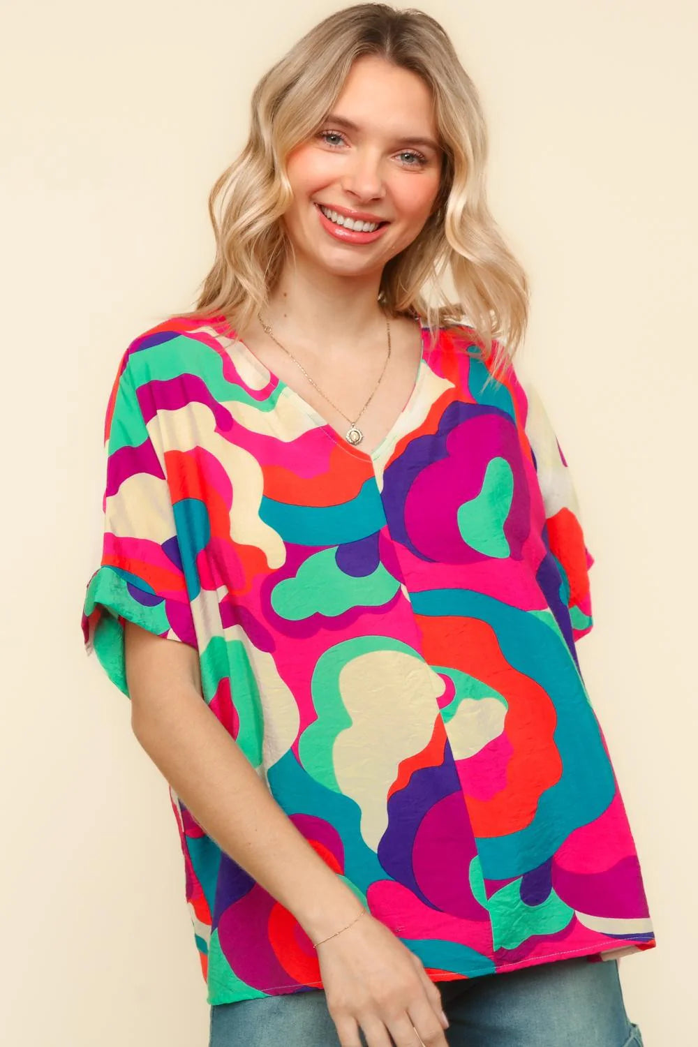 PINK BLUE GEOMETRIC WOVEN DROP SHOULDER TOP- PLUS- SALE- 2X LEFT