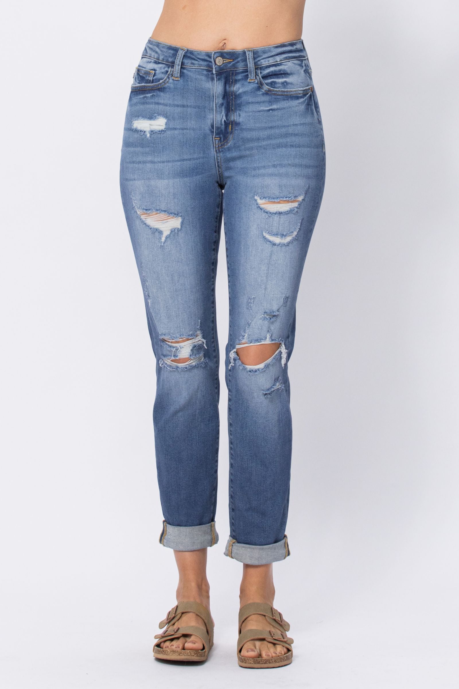 LIGHT WASH HIGH WAIST CUFFED BOYFRIED WITH DESTROY JUDY BLUE DENIM