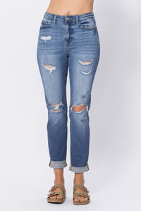 LIGHT WASH HIGH WAIST CUFFED BOYFRIED WITH DESTROY JUDY BLUE DENIM