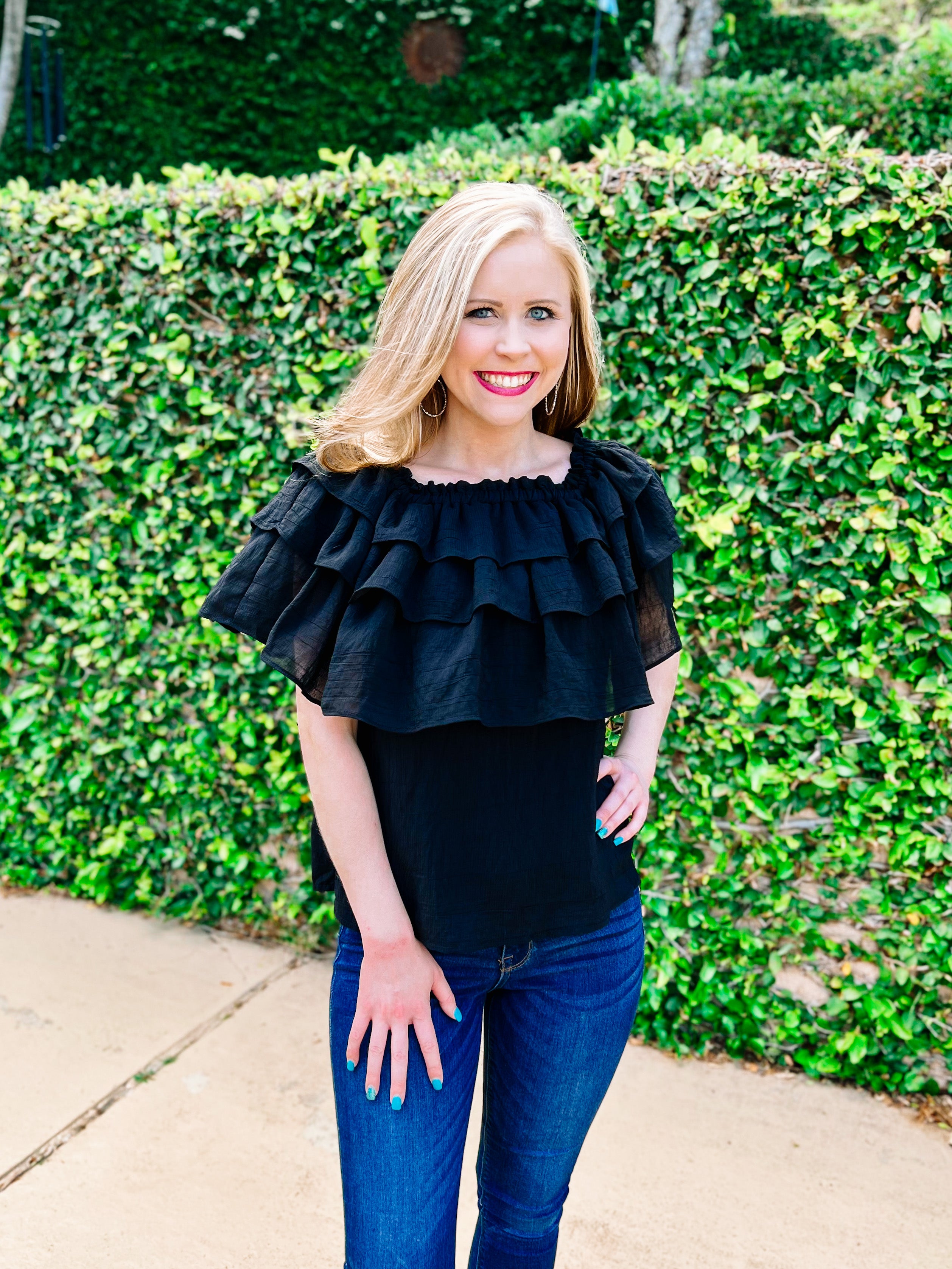 Black Ruffle Off/On Shoulder Top