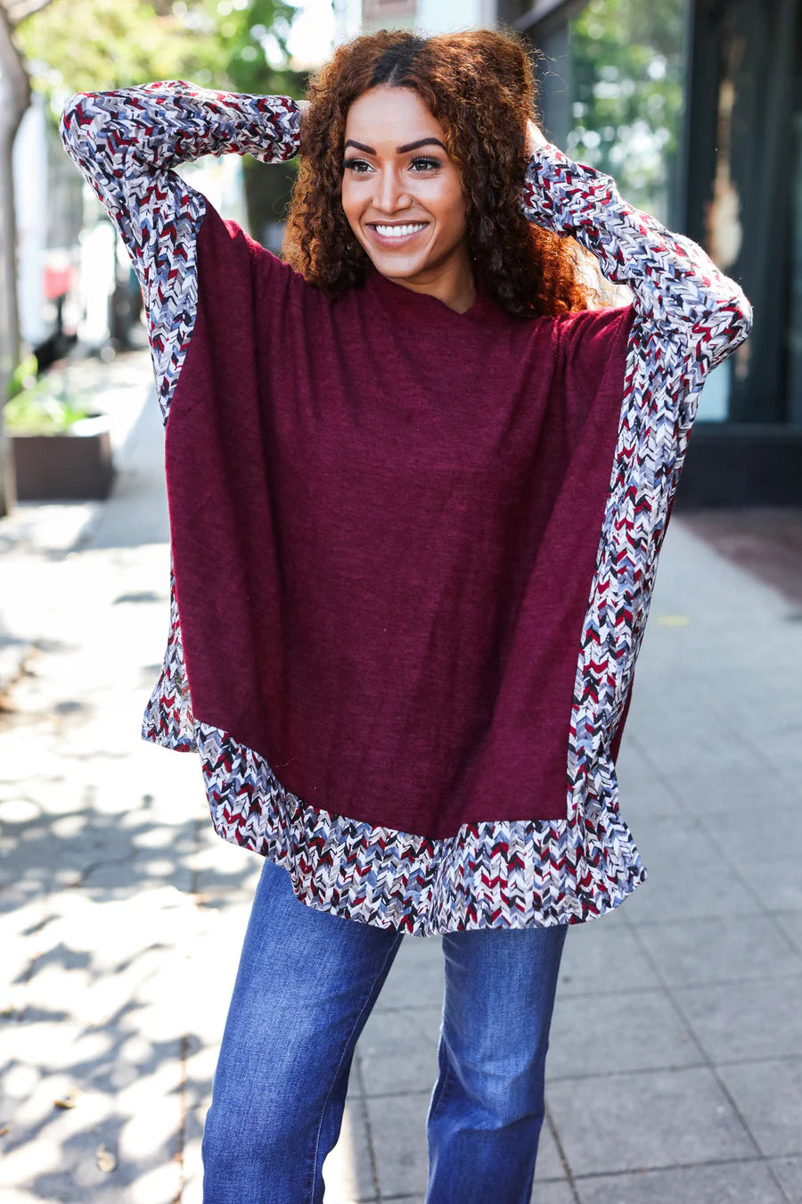 BURGUNDY PRINT DESIGN DOLMAN SWEATER TOP