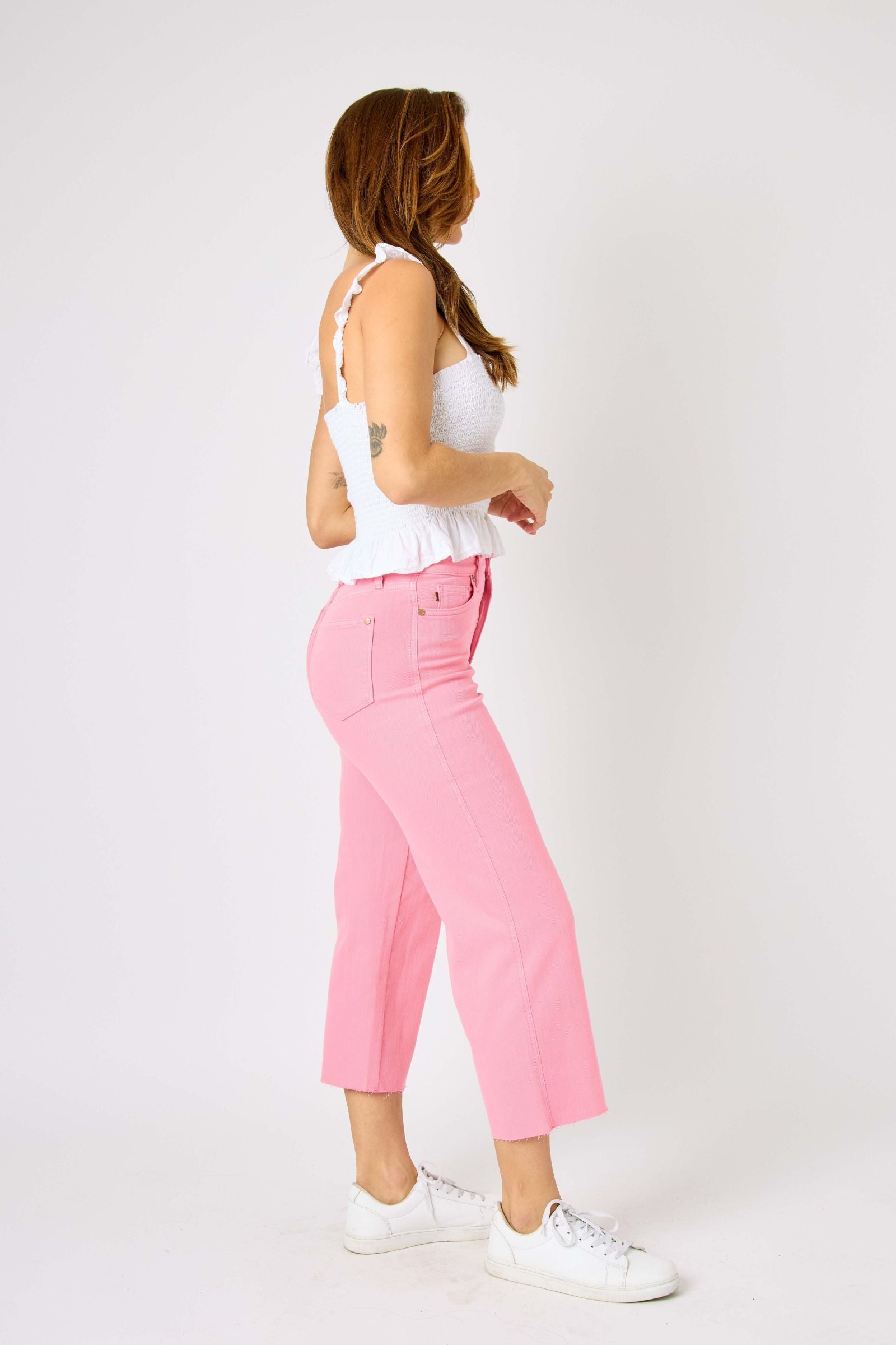 PINK HIGH WAIST GARMENT DYED TUMMY CONTROL CROPPED WIDE LEG JUDY BLUE DENIM- PLUS