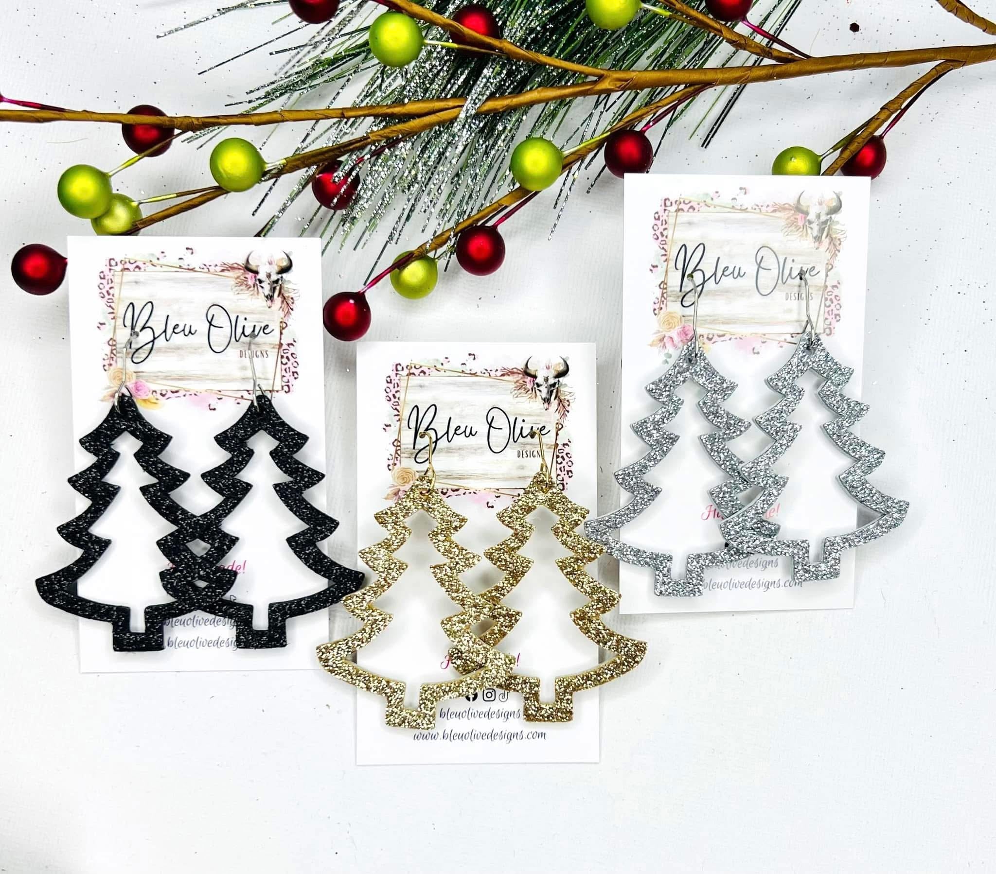 CHRISTMAS TREES OUTLINE CUTOUT SPARKLY GLITTER HANDMADE EARRINGS BY B.O.D