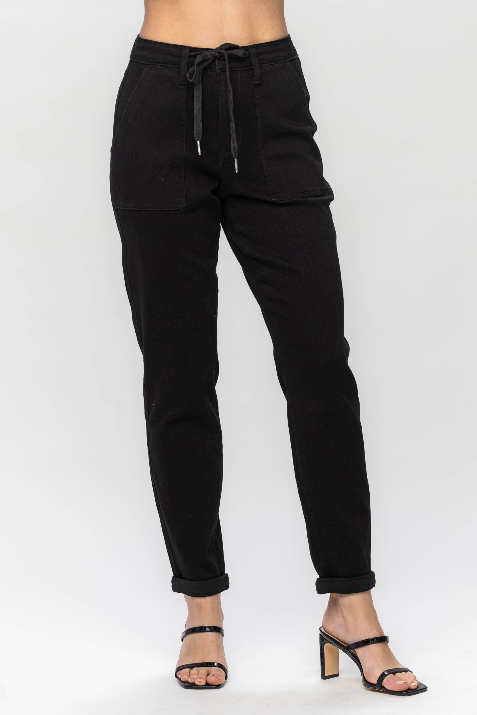 BLACK HIGH WAIST JET BLACK DOUBLE ROLL CUFF JOGGERS JUDY BLUE DENIM