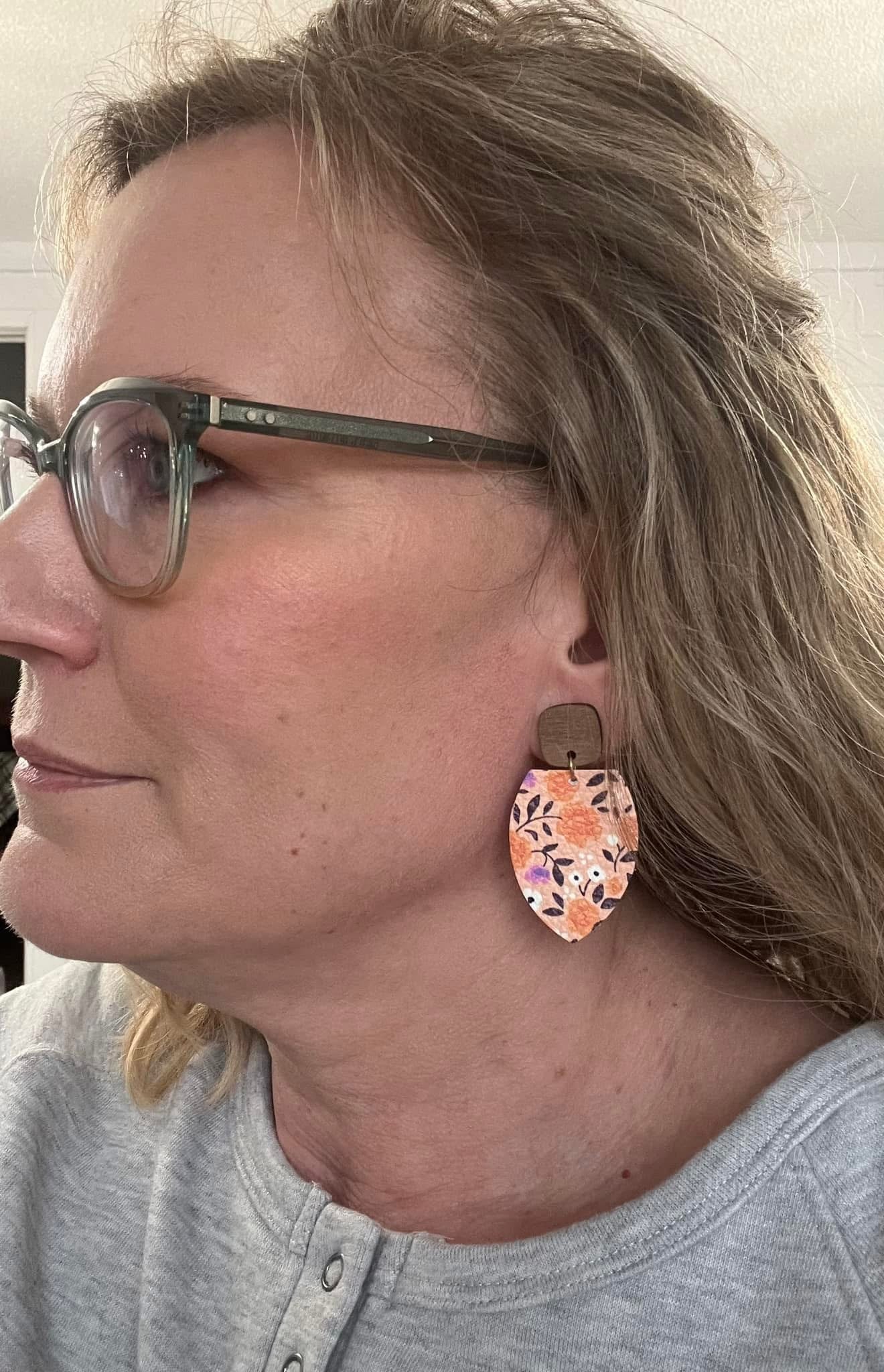 ORANGE PURPLE FLORAL WITH WOOD TOPPER LEATHER HANDMADE EARRINGS BY B.O.D