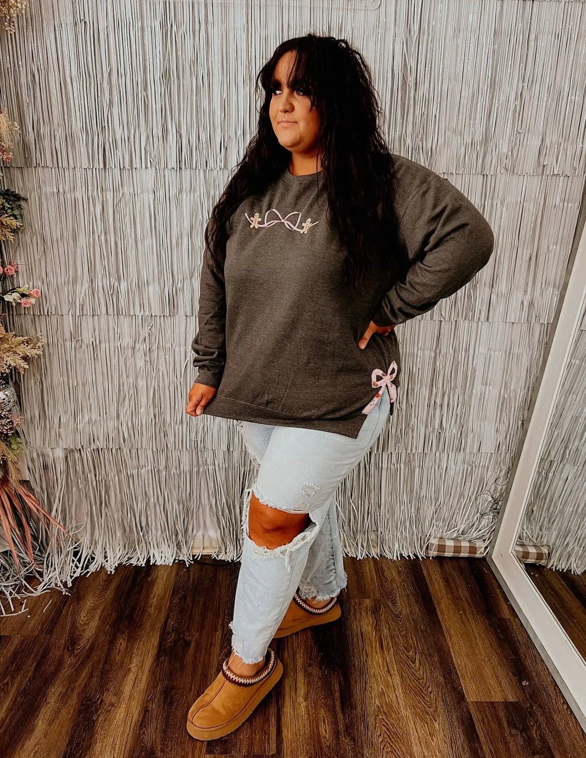 GINGERBREAD BOW SWEATSHIRT HANDMADE APPLIQUED & EMBROIDERED BY TWS