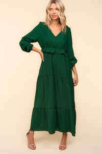 HUNTER GREEN VNECK PINTUCK DETAIL SOLID WOVEN MAXI DRESS-PLUS