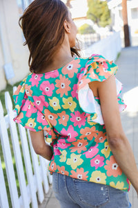 GREEN MULTI FLORAL FLUTTER TOP