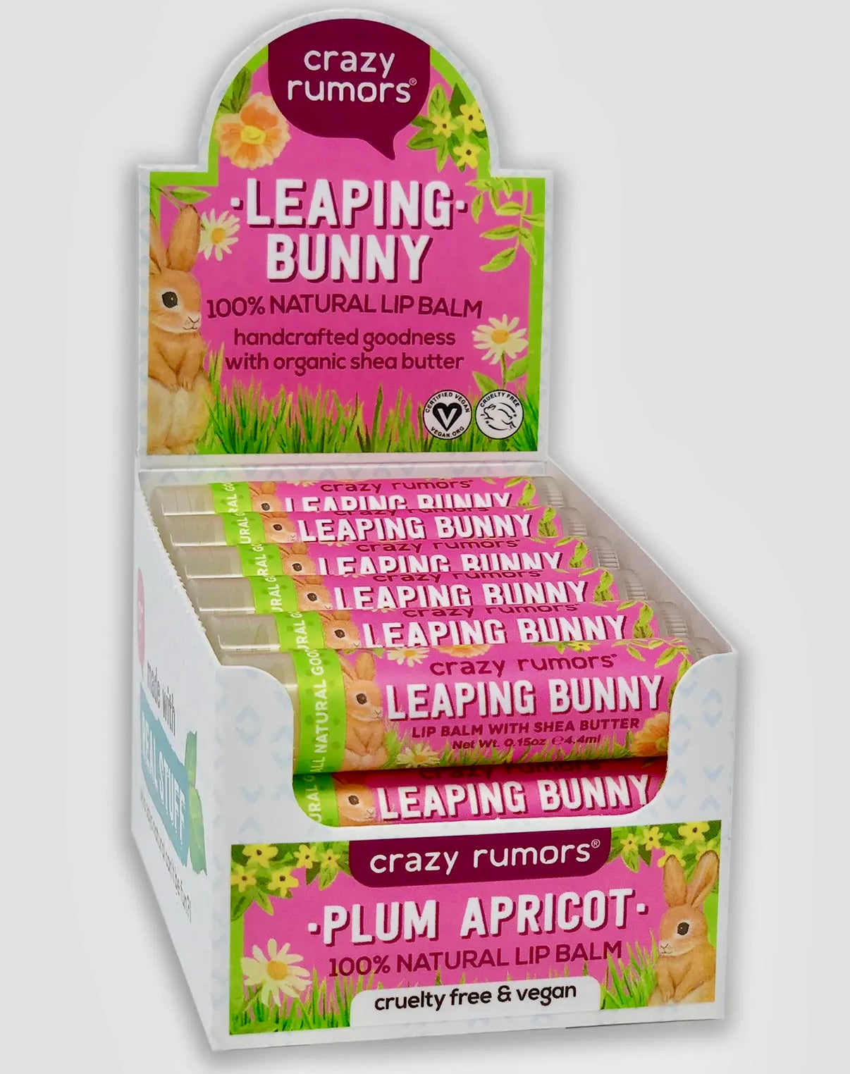 CRAZY RUMORS 100% NATURAL FLAVORED LIP BALM- LEAPING BUNNY- PLUM APRICOT CHAPSTICK FOR EASTER - SALE