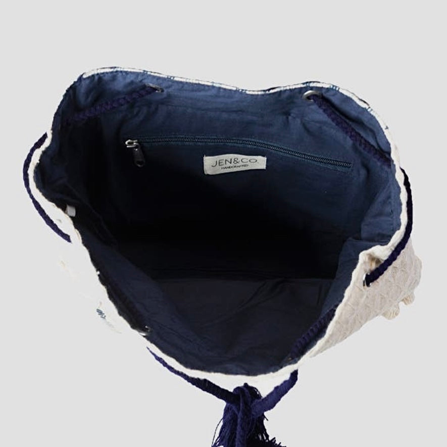 Magdelena Azte Cotton Backpack Tassels Blue & White