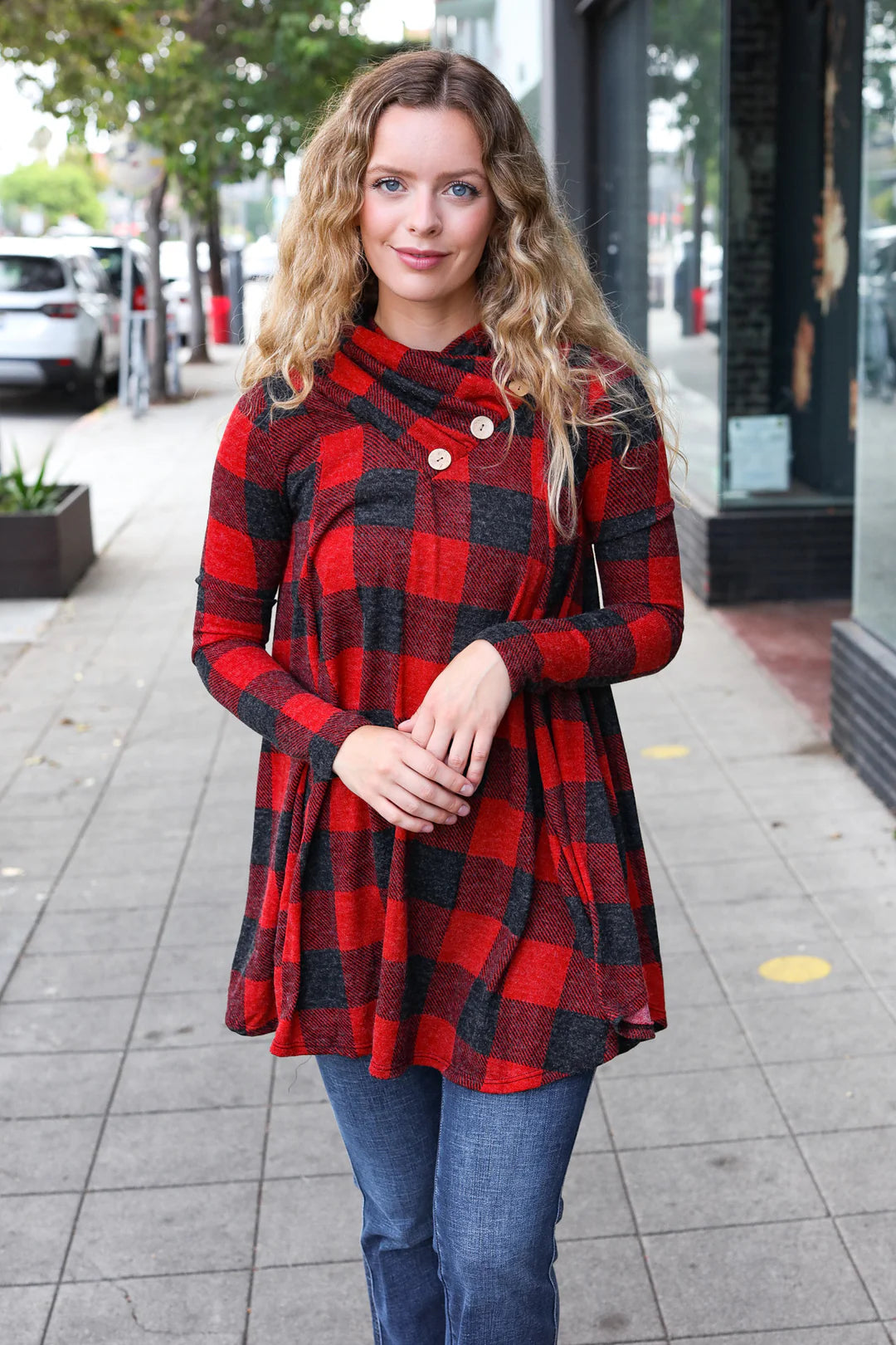 RED PLAID BUTTON NECK TUNIC