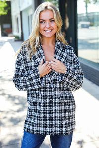BLACK WHITE HOUNDSTOOTH DESIGN BLAZER PEACOAT