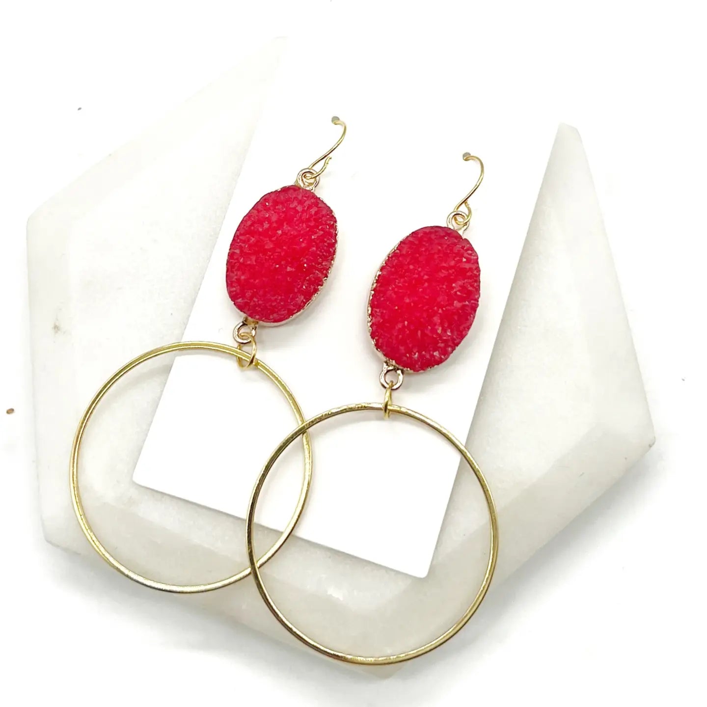 RED DRUZY GOLD CIRCLE HOOP STATEMENT DANGLY HANDMADE BBB EARRINGS