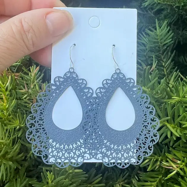 GREY FLOURISH TEARDROP METAL STATEMENT HANDMADE BBB EARRINGS