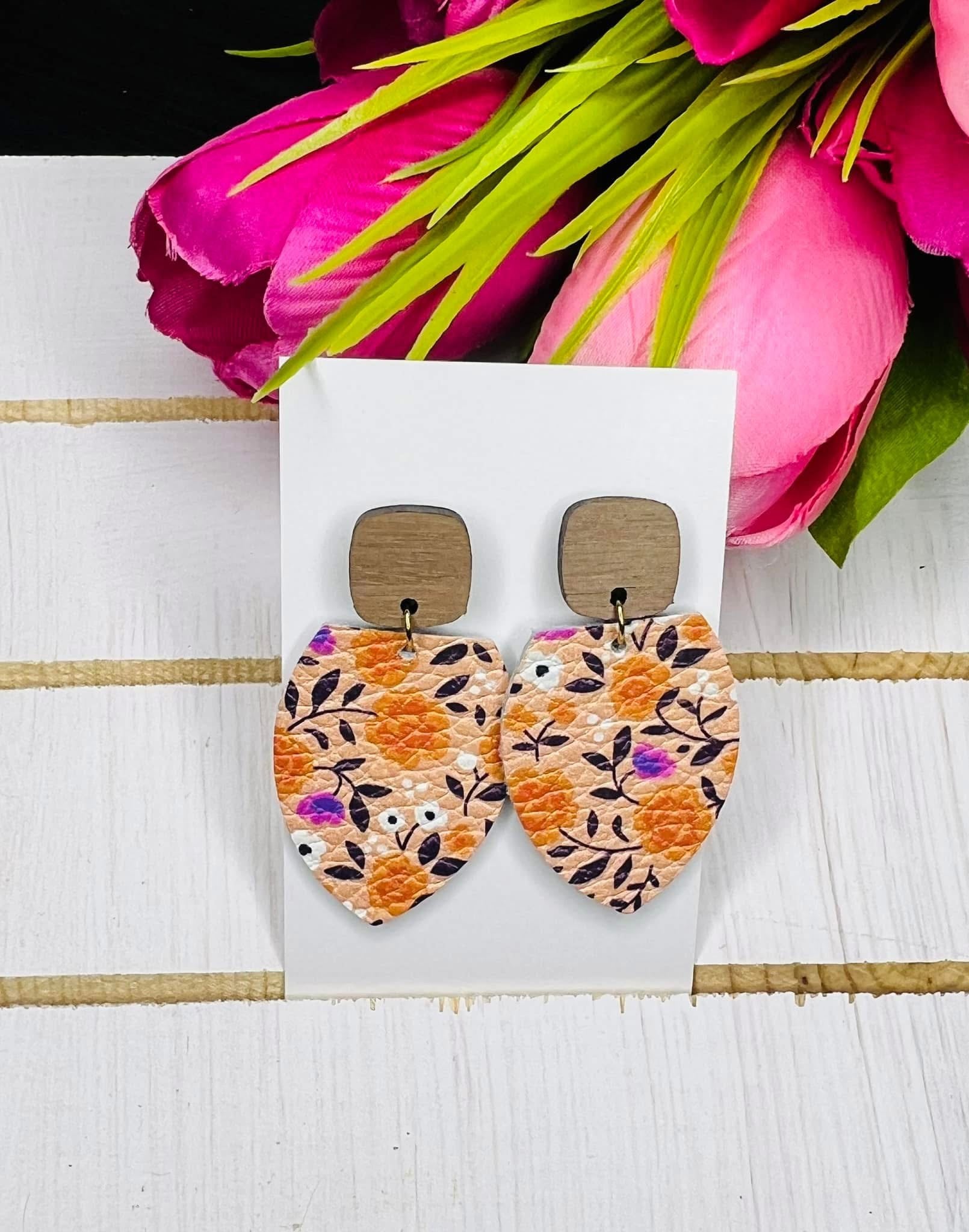 ORANGE PURPLE FLORAL WITH WOOD TOPPER LEATHER HANDMADE EARRINGS BY B.O.D