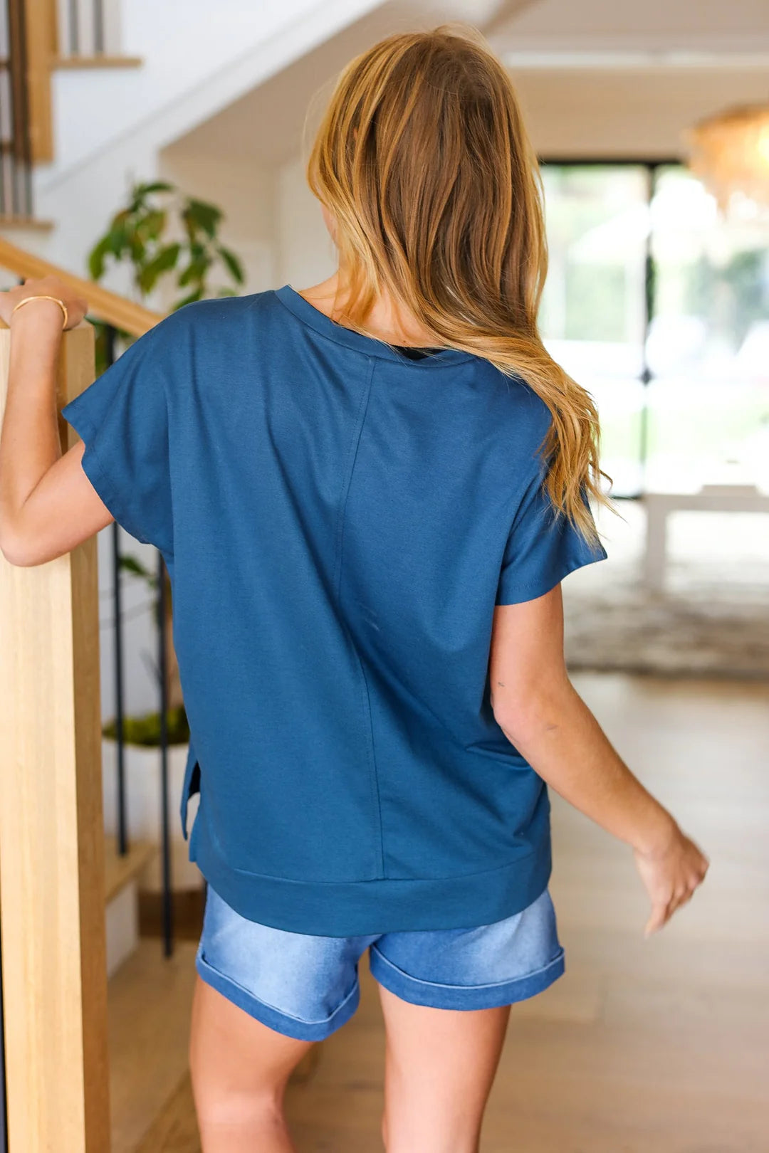 NAVY "USA" RWB PATCH NOTCHED NECK DOLMAN VNECK TOP- PLUS- SALE