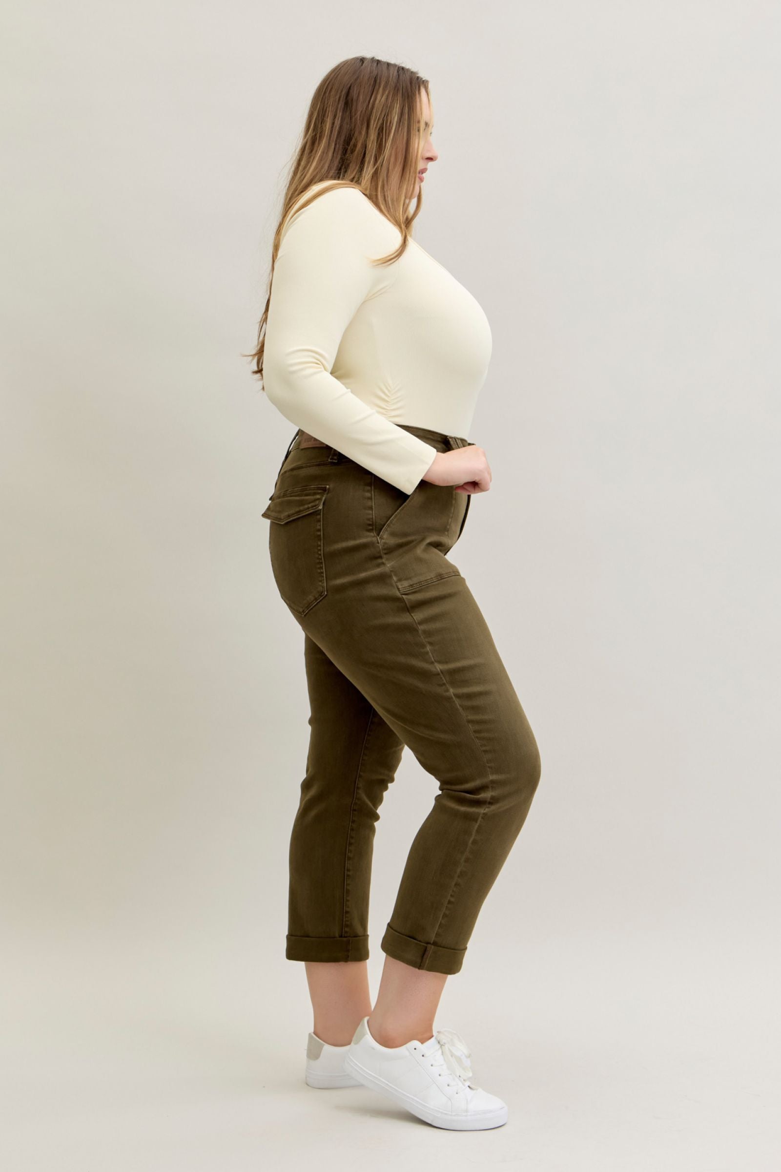 DARK FOREST GREEN HIGH WAIST AURORA WEEKENDER GARMENT DYED CUFFED JUDY BLUE DENIM-PLUS