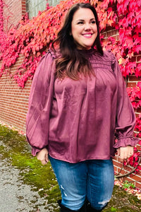 WINE MARSALA BE YOUR BEST SATIN SHIRRED YOKE FRILLY MOCK NECK BLOUSE