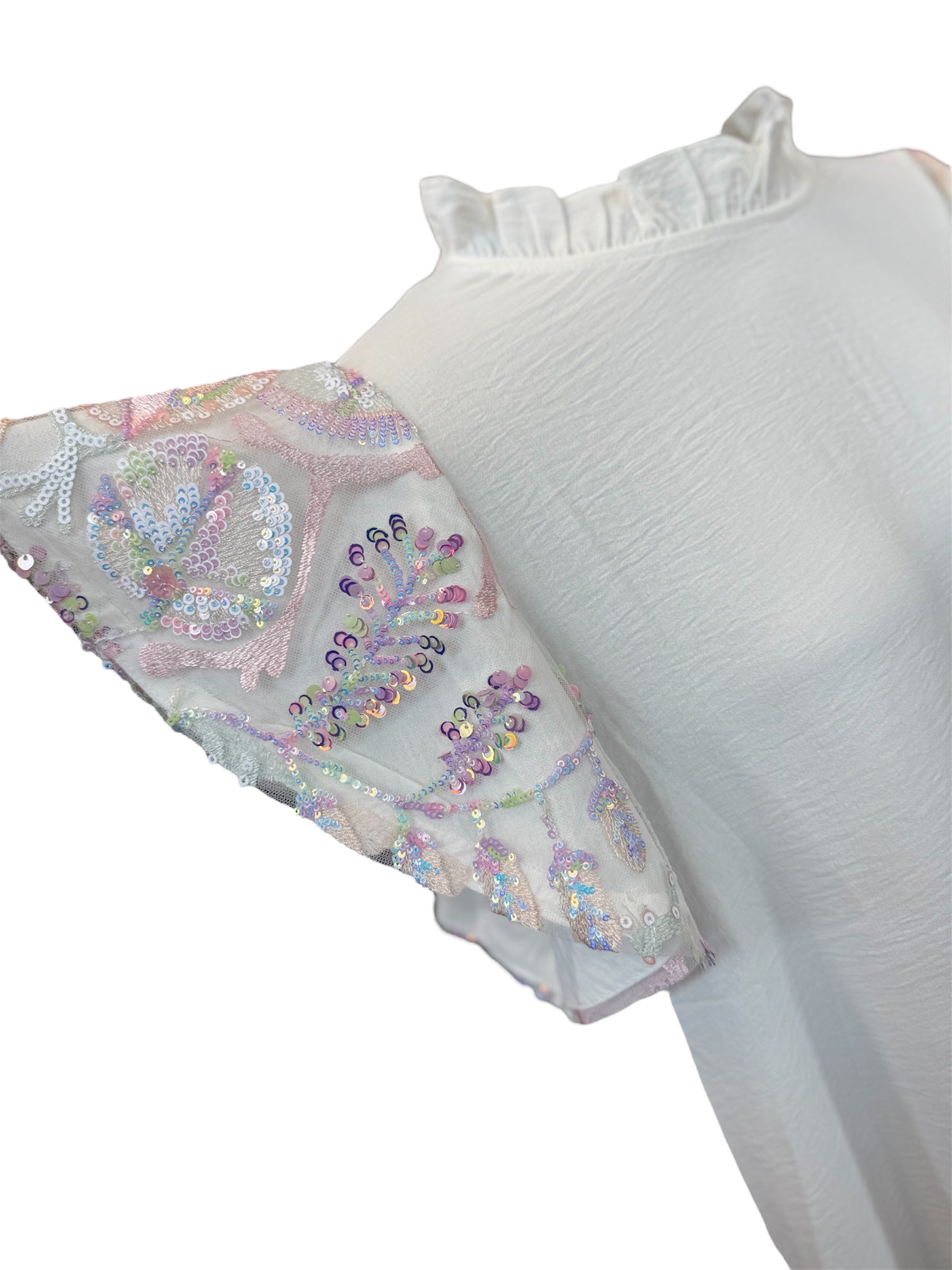 WHITE IRIDESCENT SEQUIN FLUTTER SLEEVE BLOUSE- SALE- MEDIUM & LARGE AVAILABLE