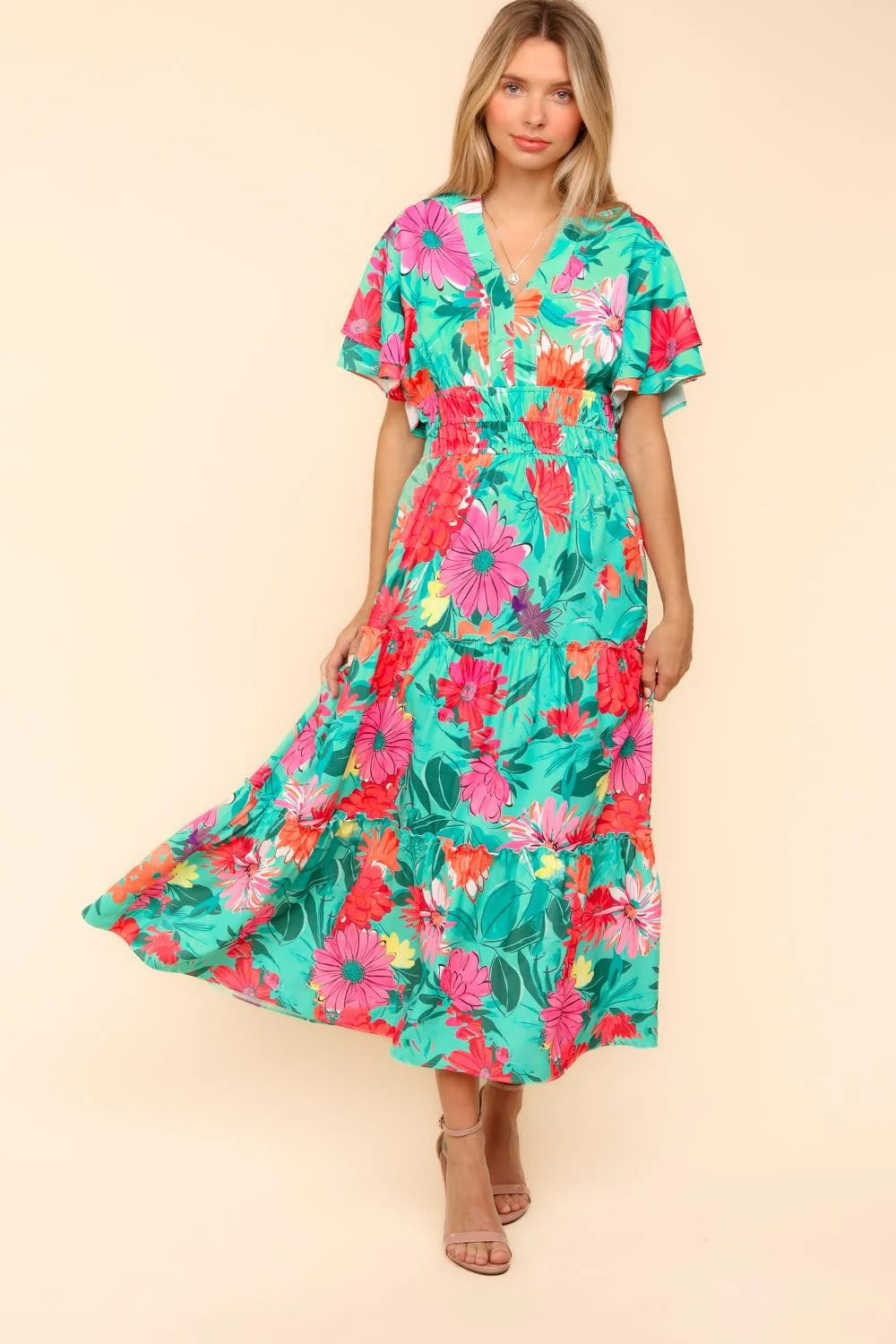 TEAL AQUA PINK SUMMERY FLORAL MAXI DRESS WITH POCKETS