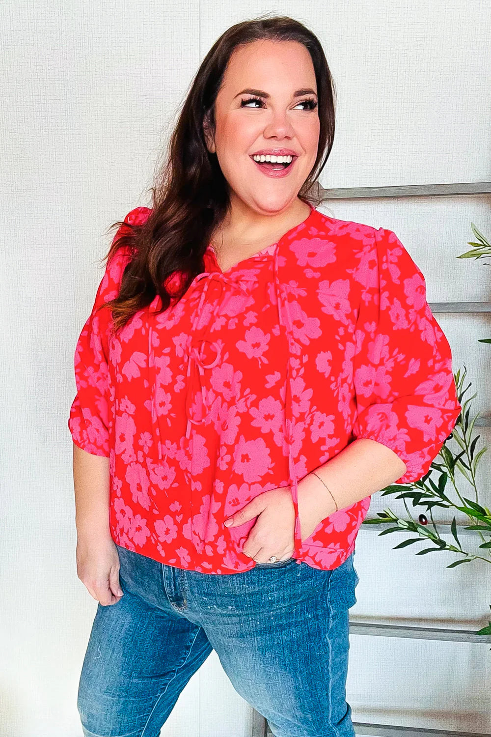 RED PINK RIBBON BOW FLORAL WOVEN TOP