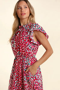 FUCHSIA TEAL MOCK NECK BACK BUTTON SIDE POCKETED MIDI DRESS