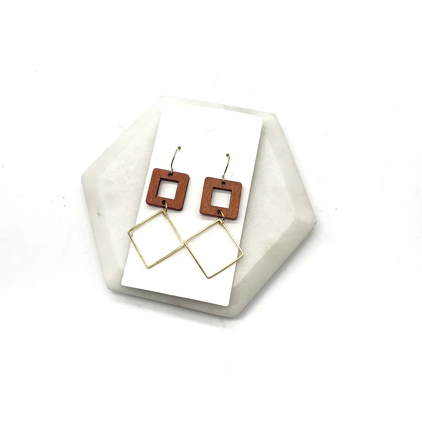 RUST WOOD GOLD RECTANGLE SQUARE METAL DUO HANDMADE BBB EARRINGS