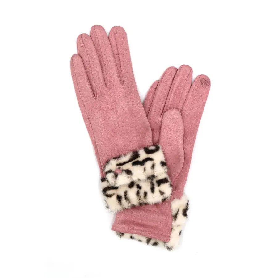 LEOPARD FUR TRIM SUEDE SMART PHONE - TOUCH SCREEN WARM & SOFT GLOVES