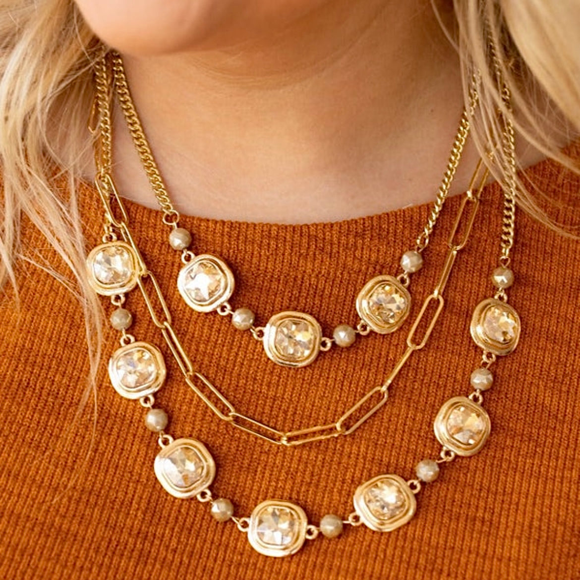 GLEAMING GOLD SYMPHONY LAYERED GEMSTONE NECKLACE