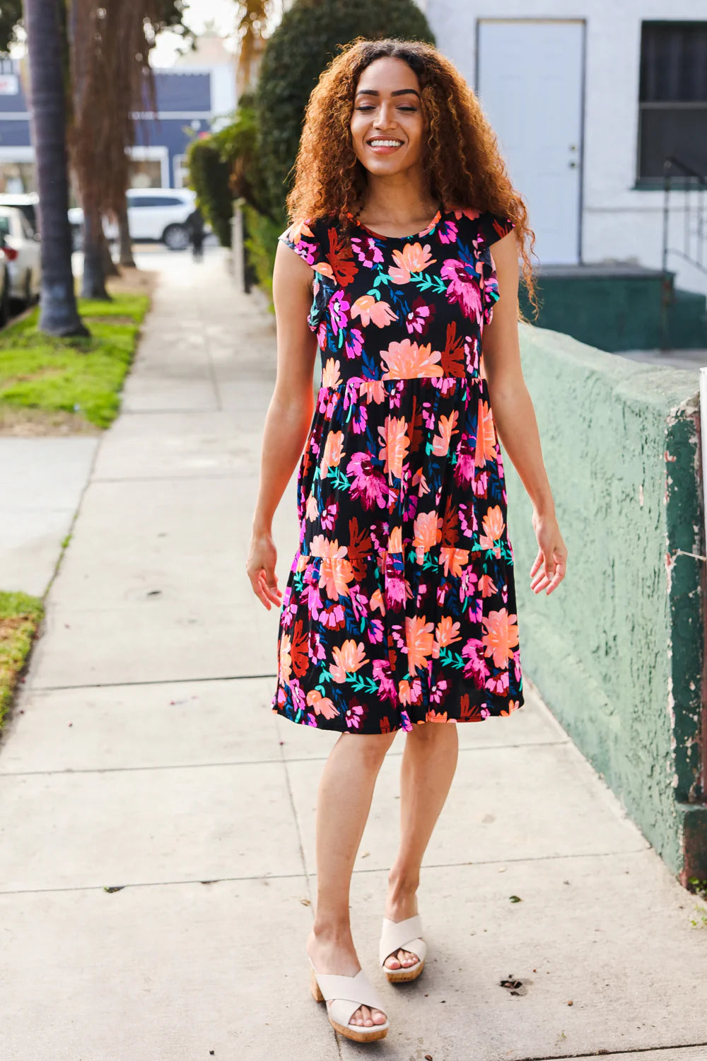 BLACK PINK FLORAL FLUTTER DRESS