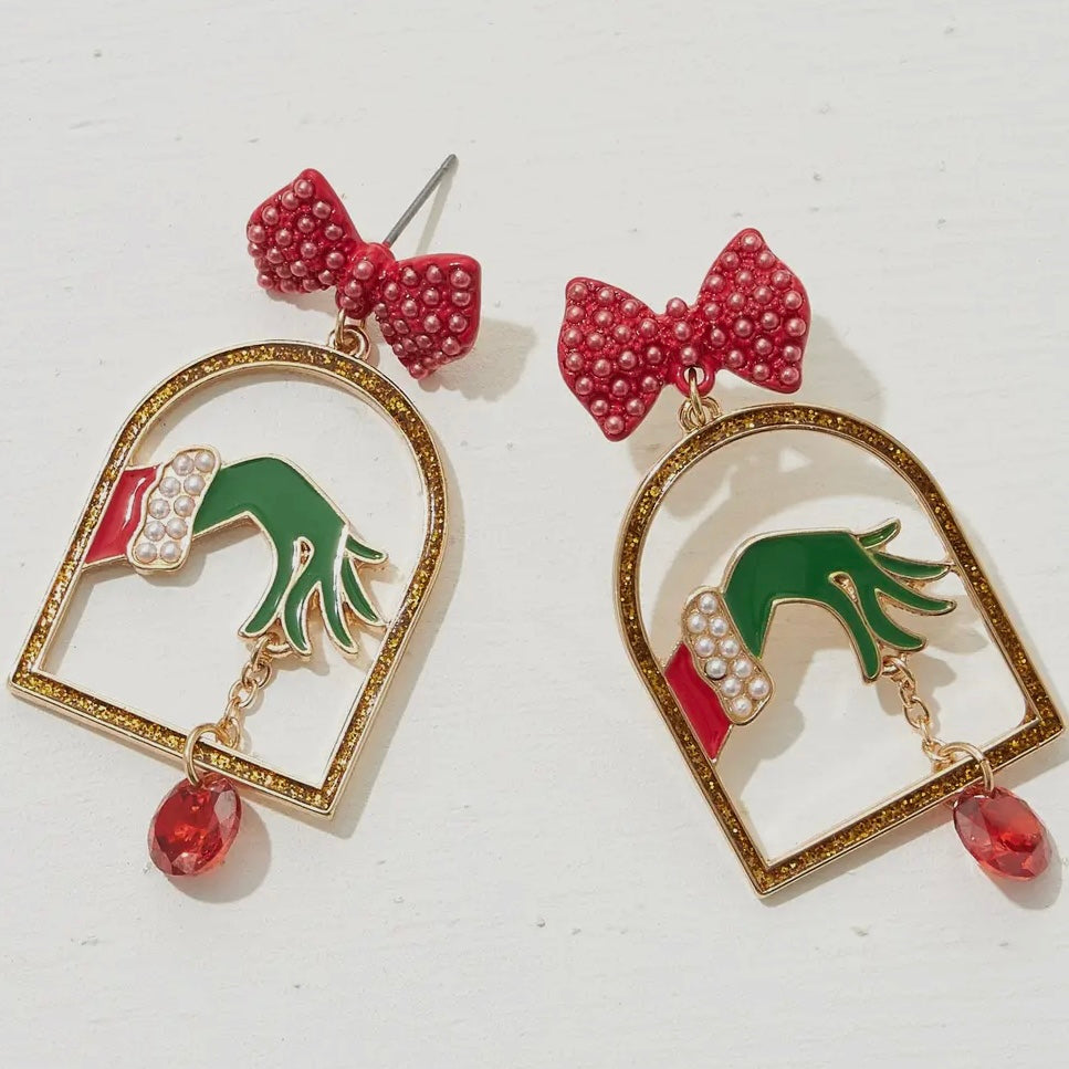 RED GRINCH ARCH ORNAMENT DANGLY HAND EARRINGS WITH RHINESTONE BOW