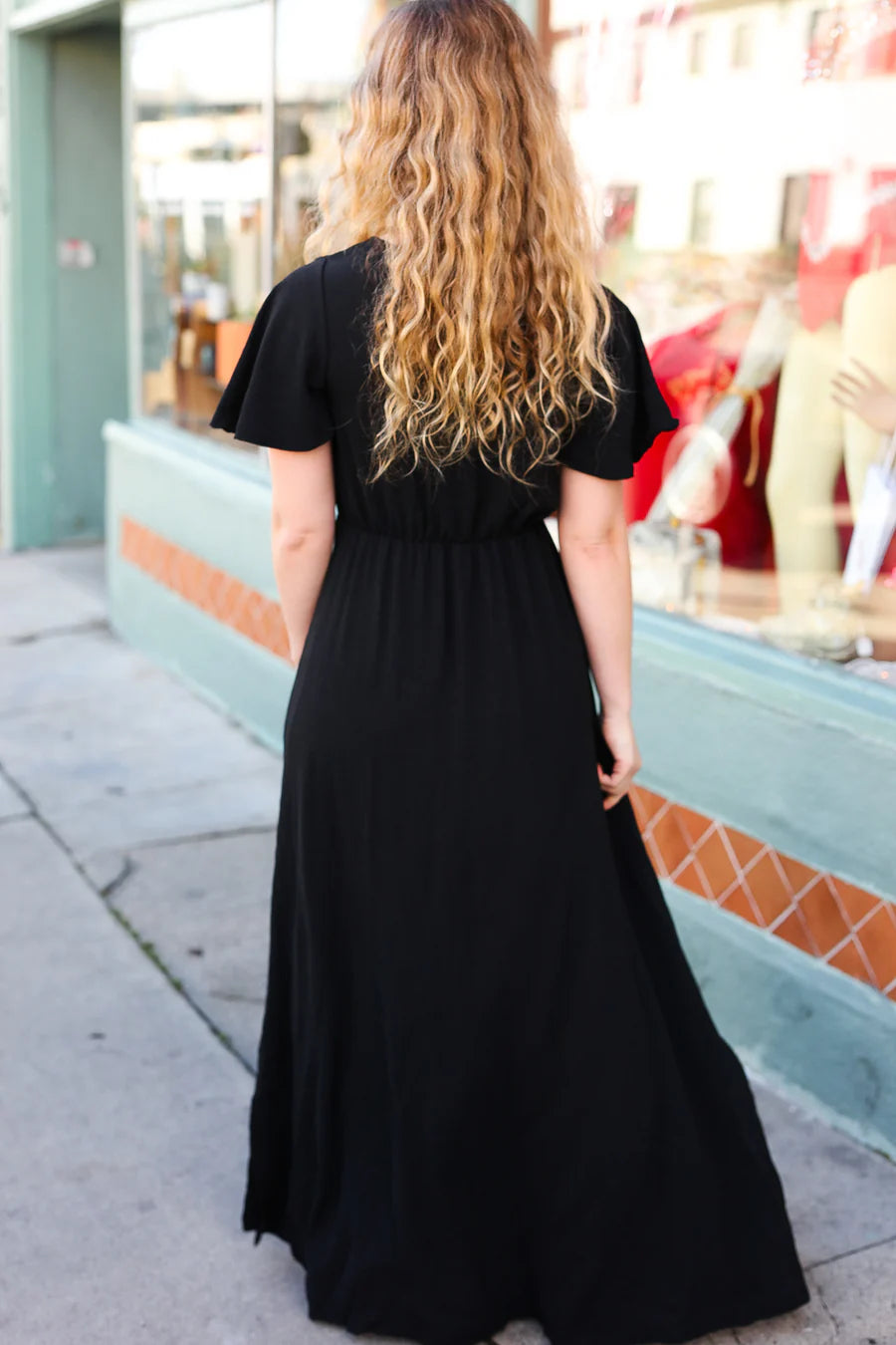 BLACK SOLID RUFFLE MAXI DRESS