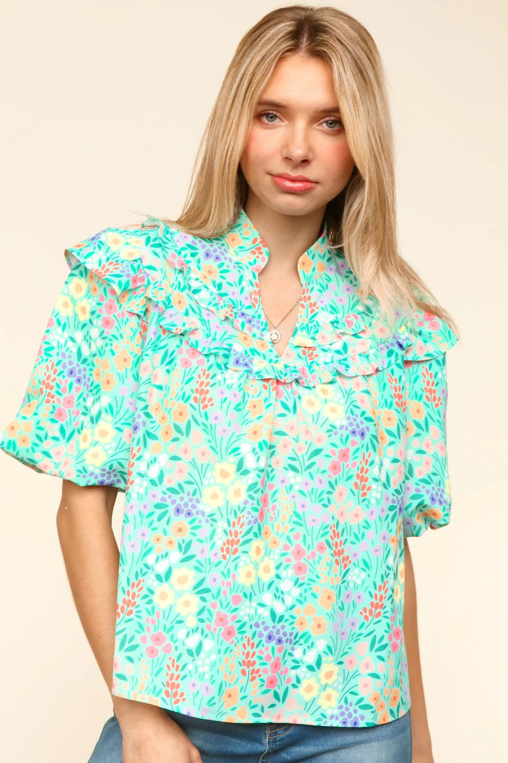 MINT COLOR MULTI SPRING FLORAL NOTCH NECK PUFF SLEEVE TOP