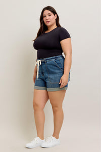DARK WASH HIGH WAIST CUFFED JOGGER SHORTS BY JUDY BLUE DENIM-PLUS